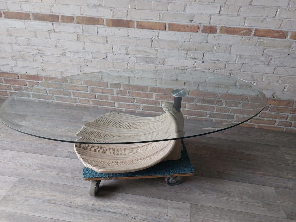 Glazen salontafel met unieke schelpvoet, Huis en Inrichting, Tafels | Salontafels, Ophalen, Gebruikt, 100 tot 150 cm, 50 tot 100 cm