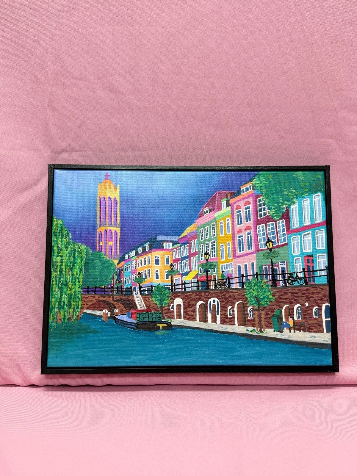 Schilderij Gracht Utrecht Domtoren Kleurrijk (22x32cm), Acrylverf, Hout, Handgeschilderd, Ophalen of Verzenden