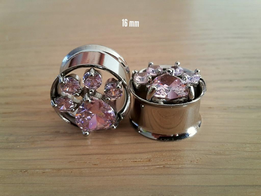 Nieuwe tunnels, pluggen. Staal. Roze steen, pootjes. 16 mm., Ophalen of Verzenden, Zo goed als nieuw, Staal, Oor- of Traguspiercing