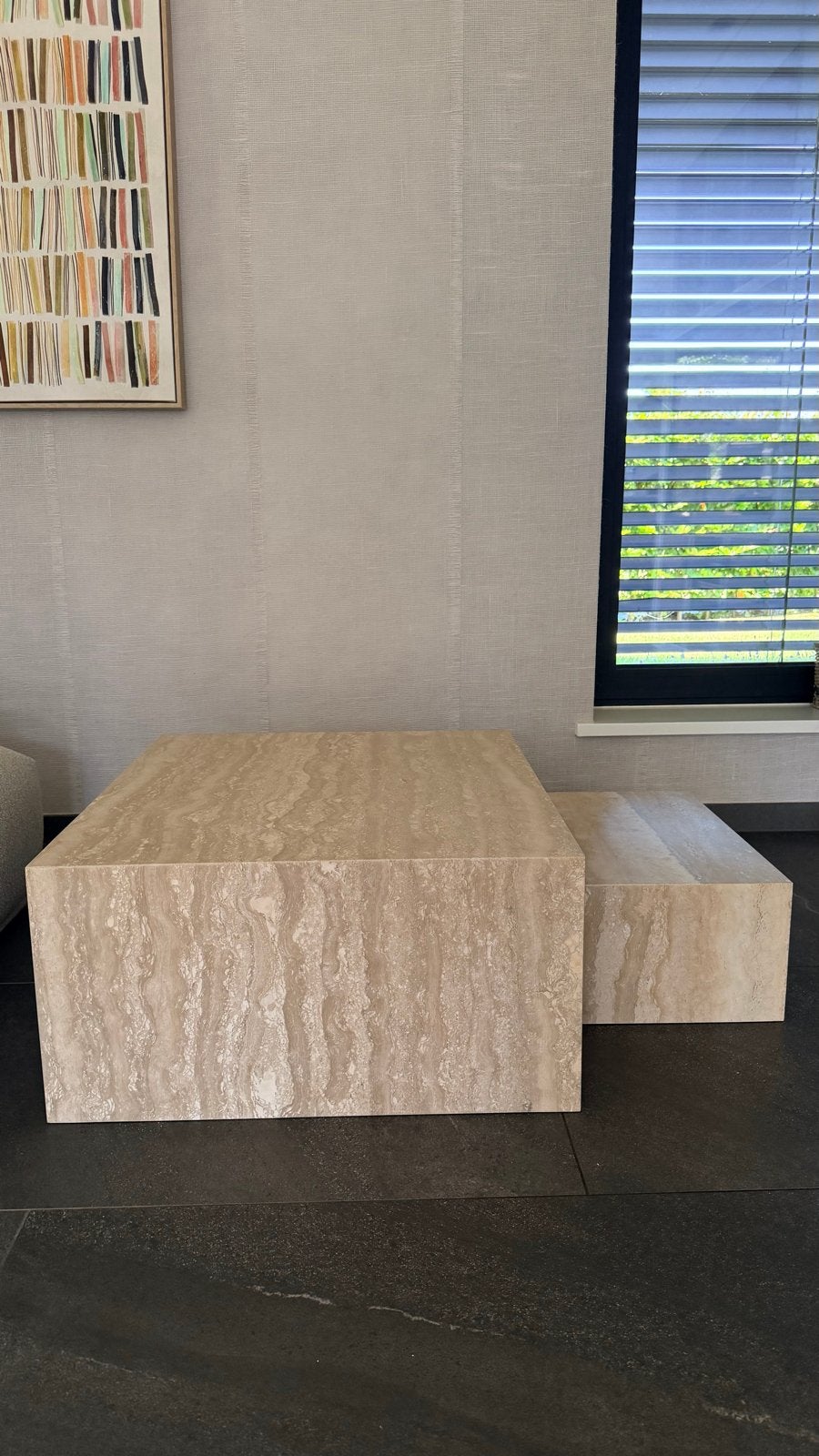 Ferm Living Distinct Grande Duo Travertijn Salontafel, Ophalen, Overige materialen, 50 tot 100 cm, Zo goed als nieuw
