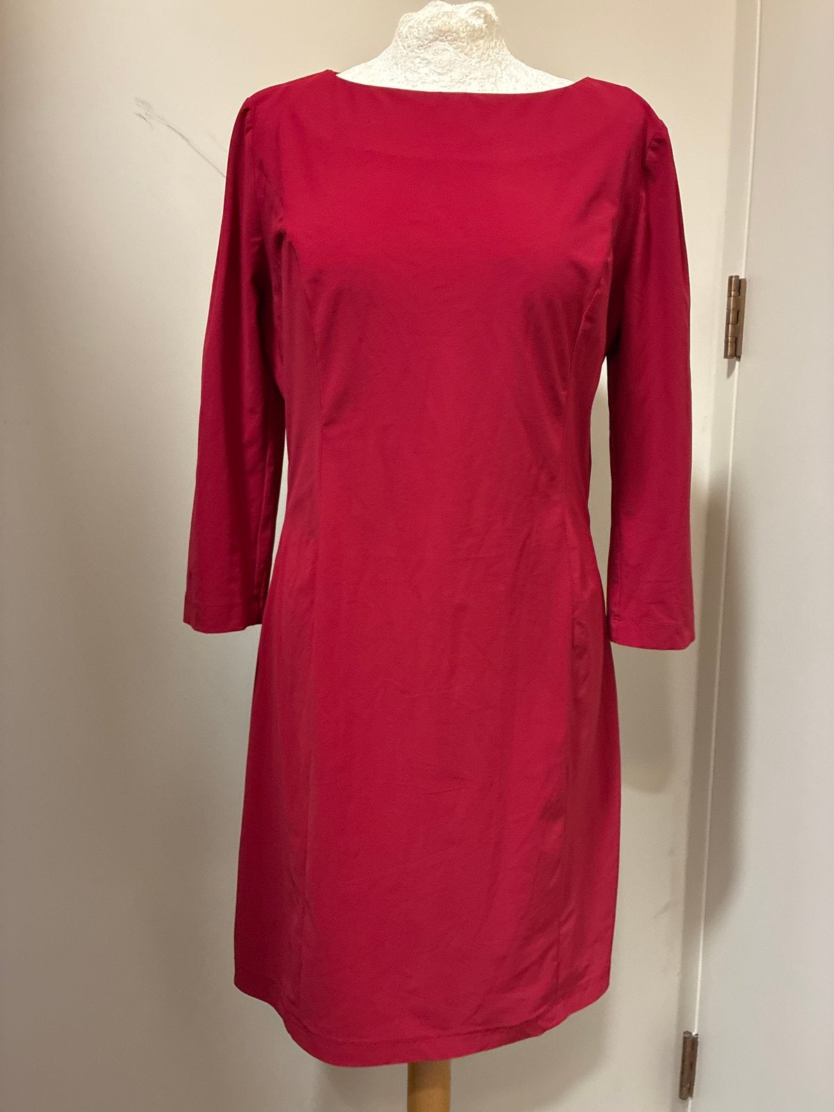 LaDress Jurk Burgundy/Tango Rood Travelstof S/M ZGAN, Maat 38/40 (M), Ophalen of Verzenden, Zo goed als nieuw, Knielengte