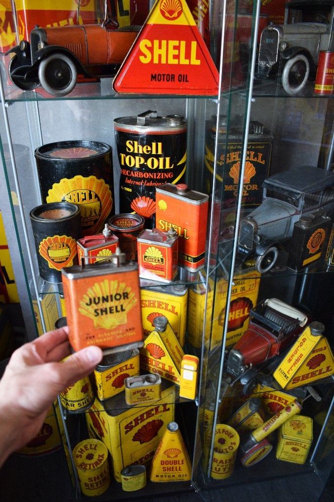 zeldzame antiek olie blik junior shell 1930, Ophalen of Verzenden, Gebruikt, Reclamebord