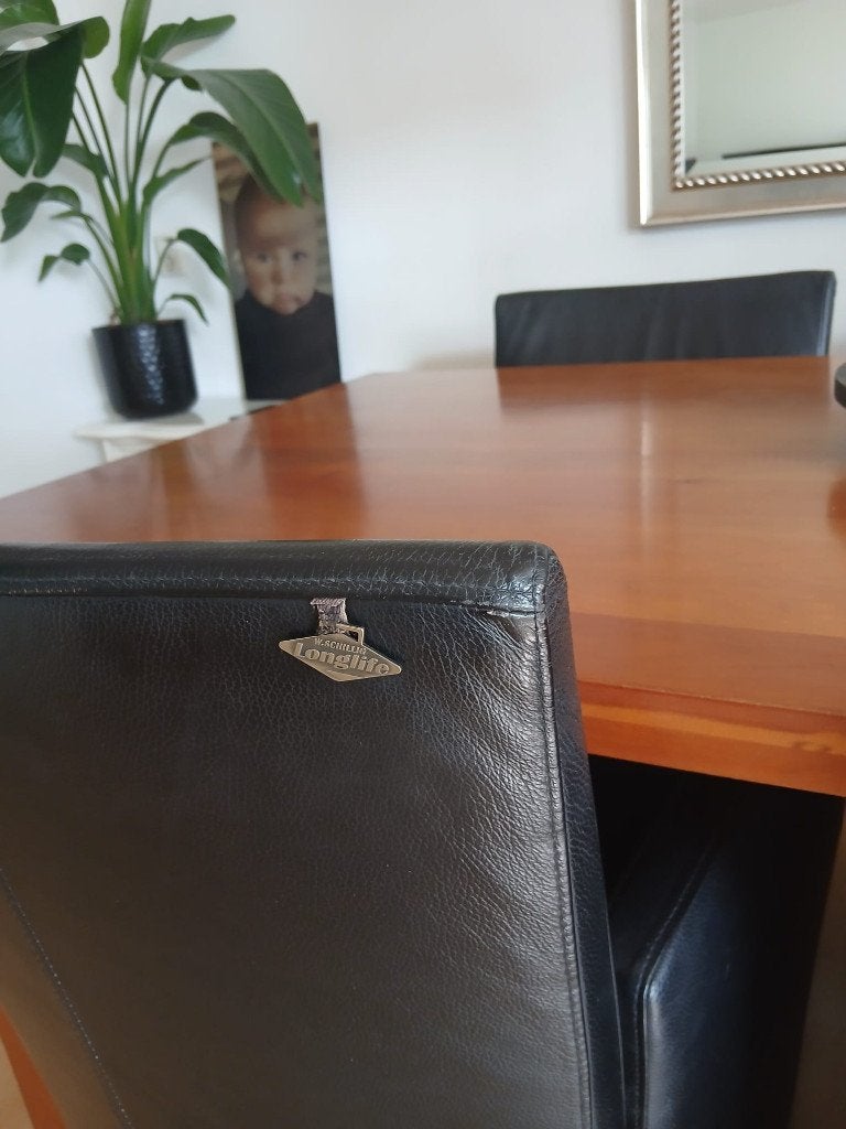 geolied kersenhouten eethoektafel met 6 kalfsleren stoelen, Ophalen, Gebruikt, 200 cm of meer, 50 tot 100 cm
