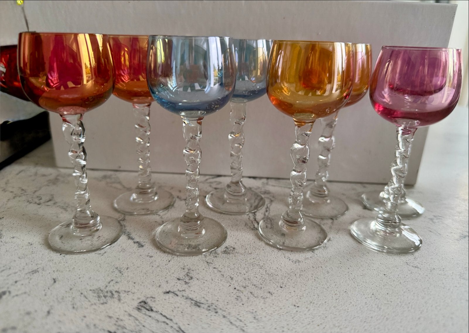 Set Vintage Mid-Century Modern Harlekijn Likeurglazen, Antiek en Kunst, Ophalen of Verzenden