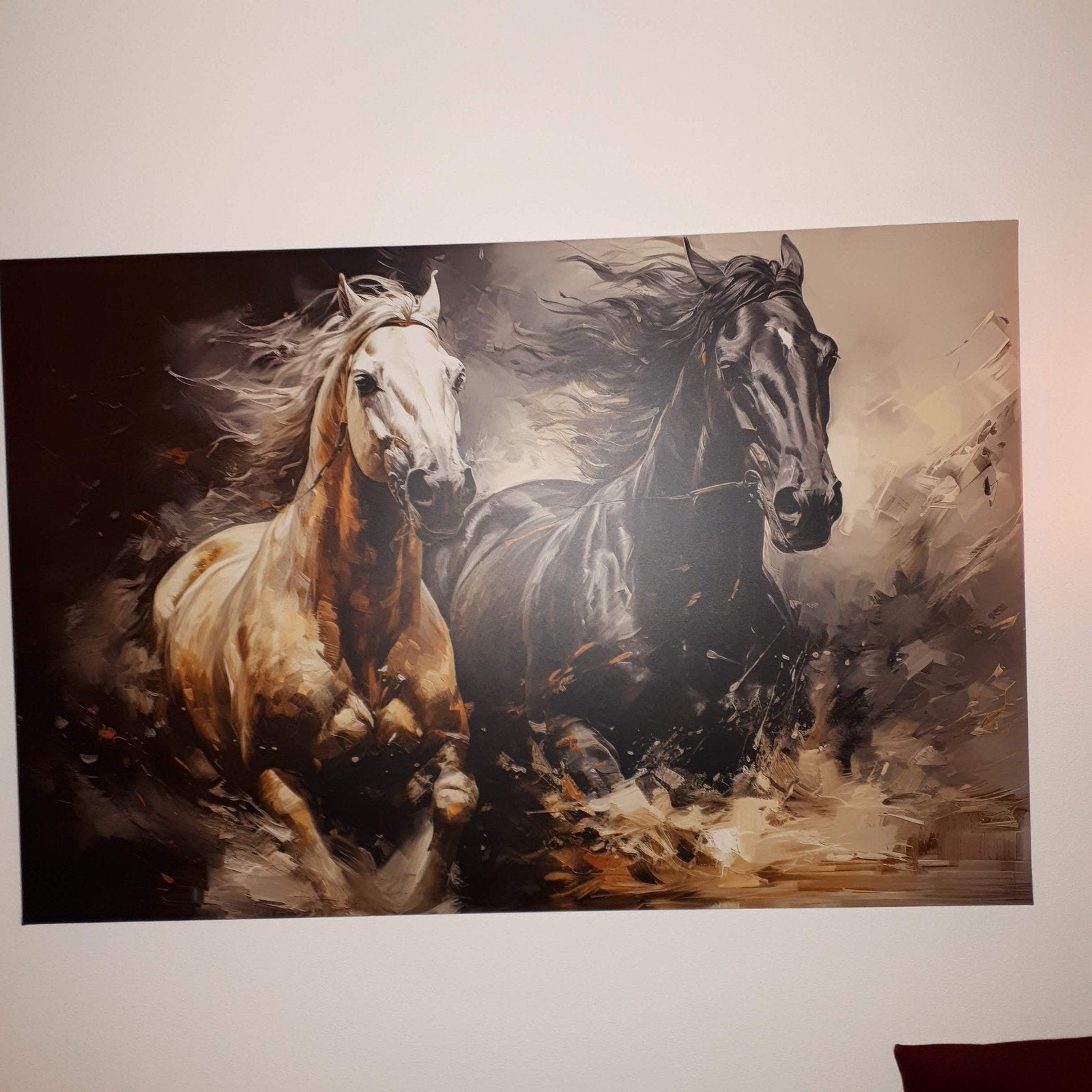 Groot schilderij met twee renende paarden abstract 120x80 cm, Antiek en Kunst, Ophalen