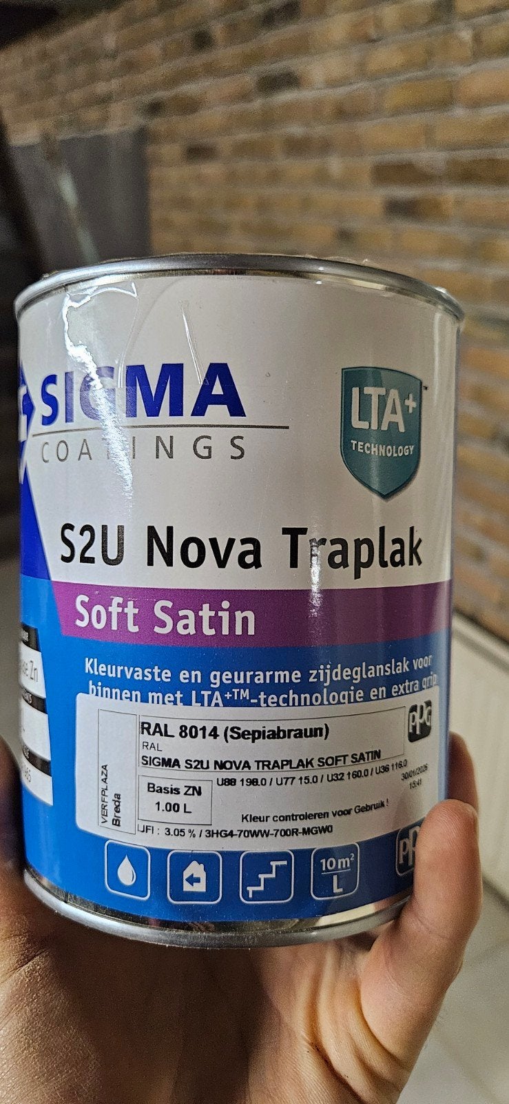 Sigma S2U Nova Traplak Soft Satin RAL 8014 - 1 liter, Ophalen of Verzenden, Nieuw, Wit, Lak