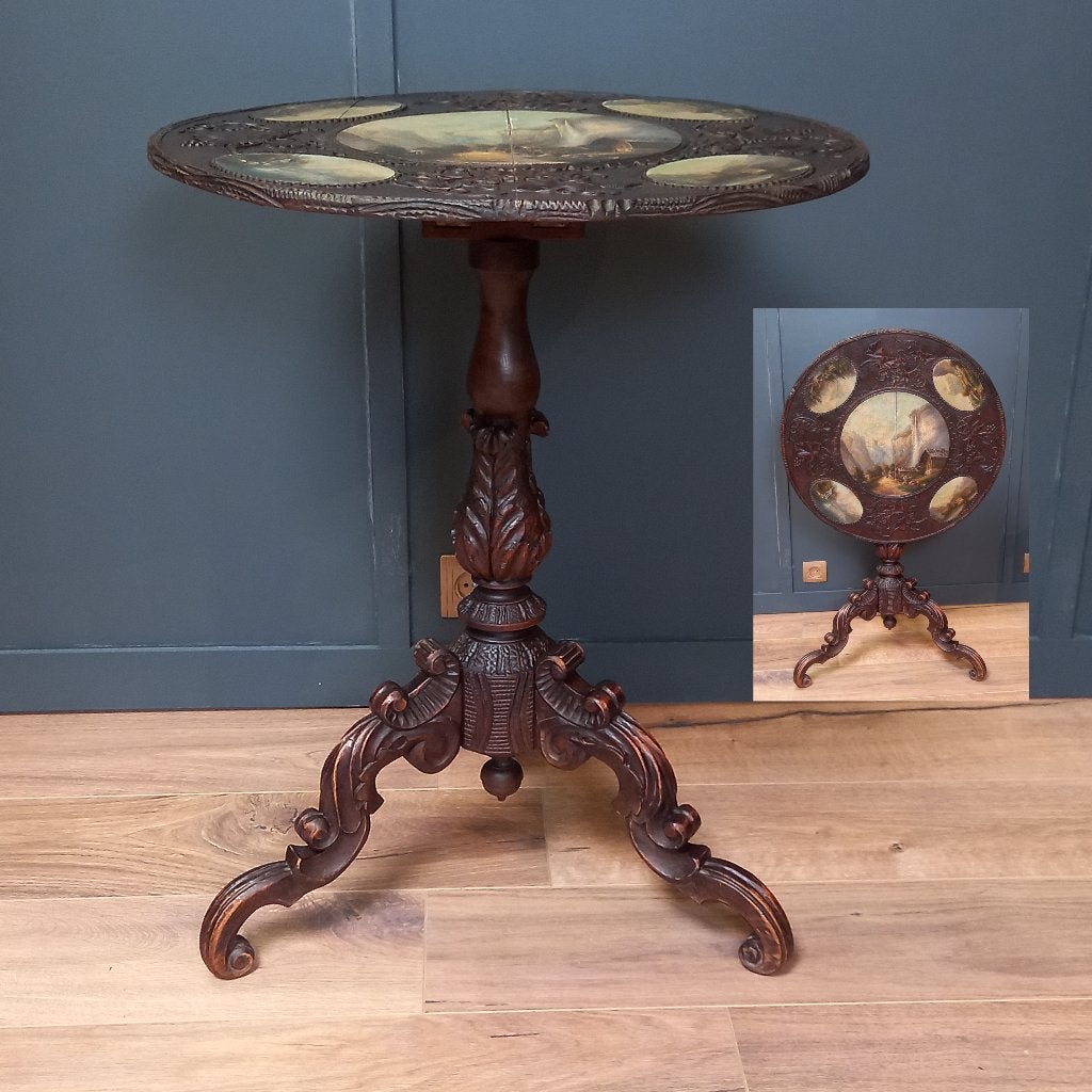 Antieke Tilttop tafel 19e eeuw met 5 schilderingen, Antiek en Kunst, Antiek | Meubels | Tafels, Ophalen of Verzenden