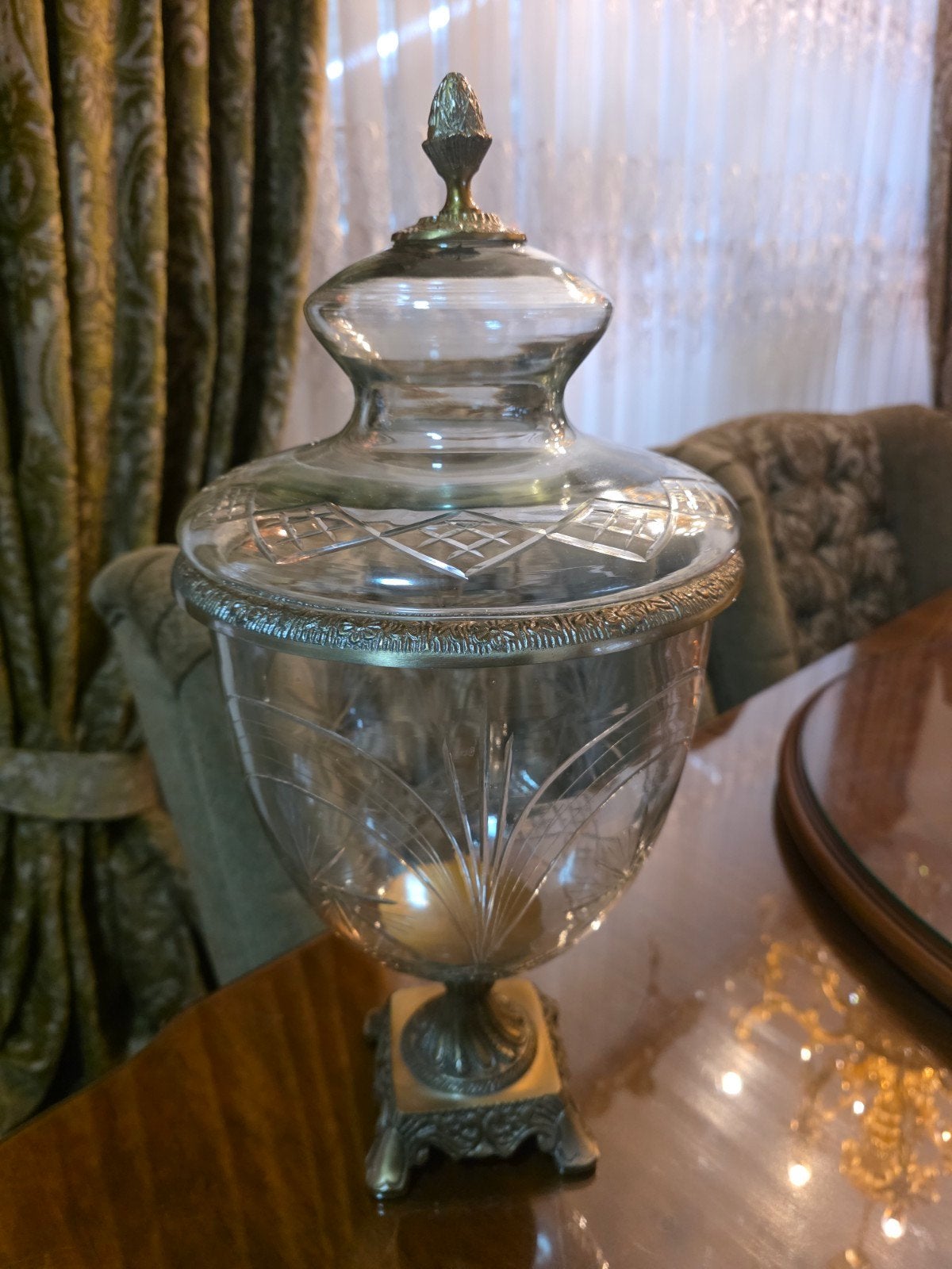 Baroque grote snoeppot met deksel bronze lijn, Ophalen of Verzenden