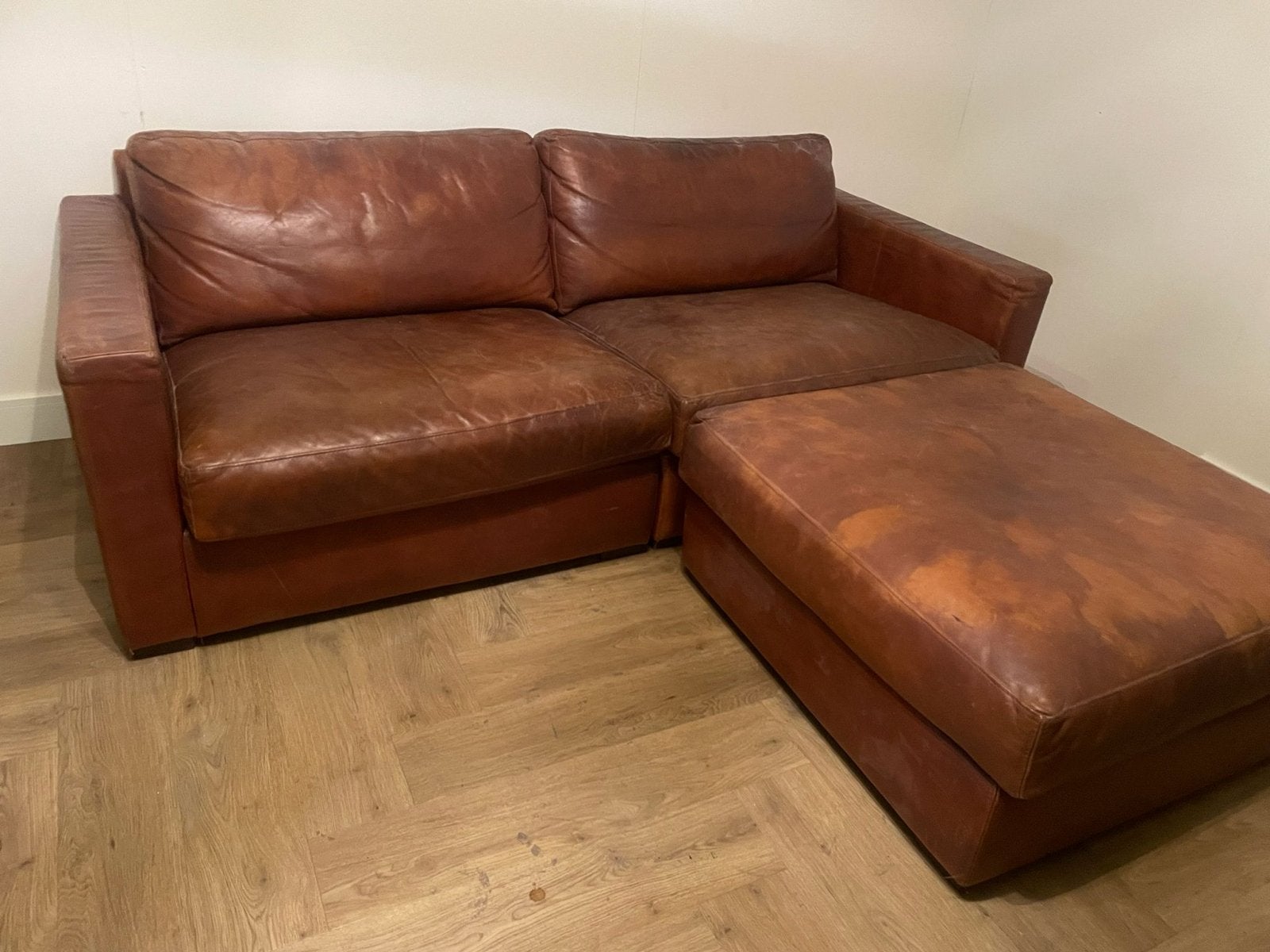Leren hoekbank met chaise longue - Bruin, Huis en Inrichting, Ophalen, Gebruikt, 100 tot 125 cm, Hoekbank