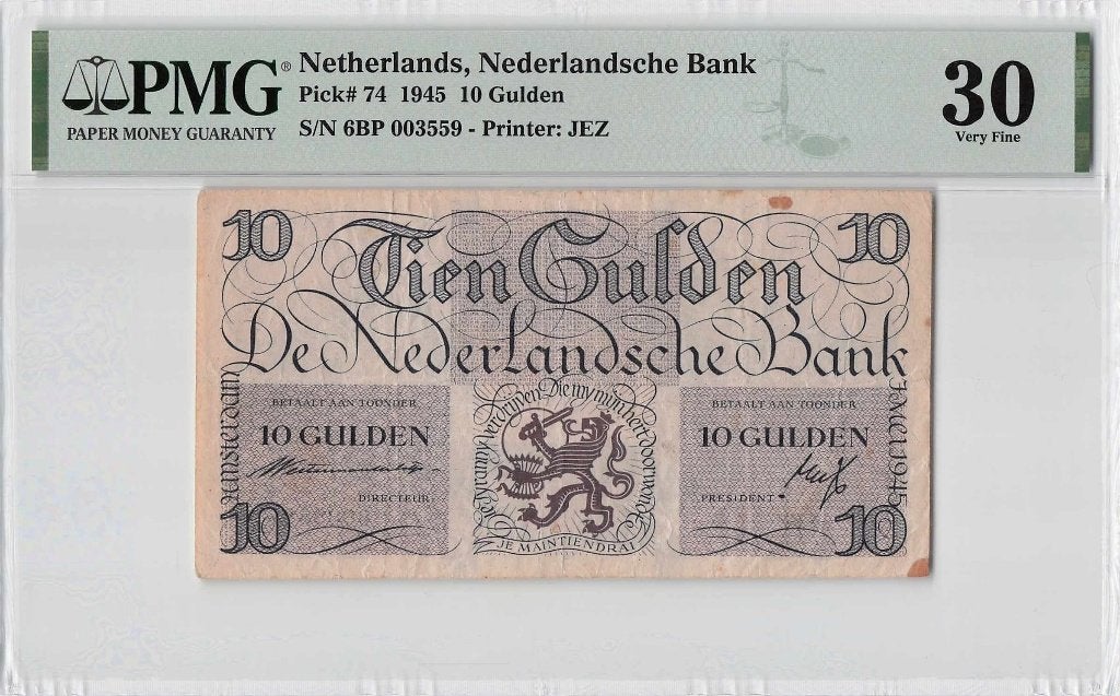 Biljet 10 gulden geldz. Lieftinck na WOII, 1945 | PMG, Ophalen of Verzenden, 10 gulden