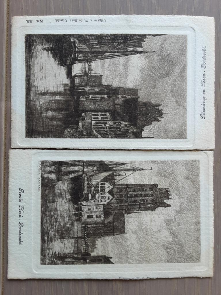 Twee etsjes Dordrecht door Oscar Paul Matthes, 7 cm, Ets, Stadsgezicht, Ophalen of Verzenden