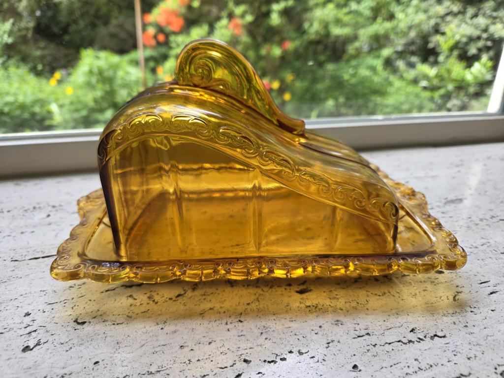 Antieke retro vintage kaasstolp geel glas jare 30, Ophalen of Verzenden