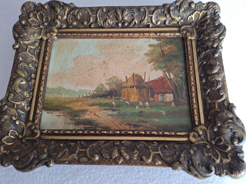 Schilderij landleven boerenerf, Ophalen of Verzenden, Klassiek, Bijzondere lijst, Landschap