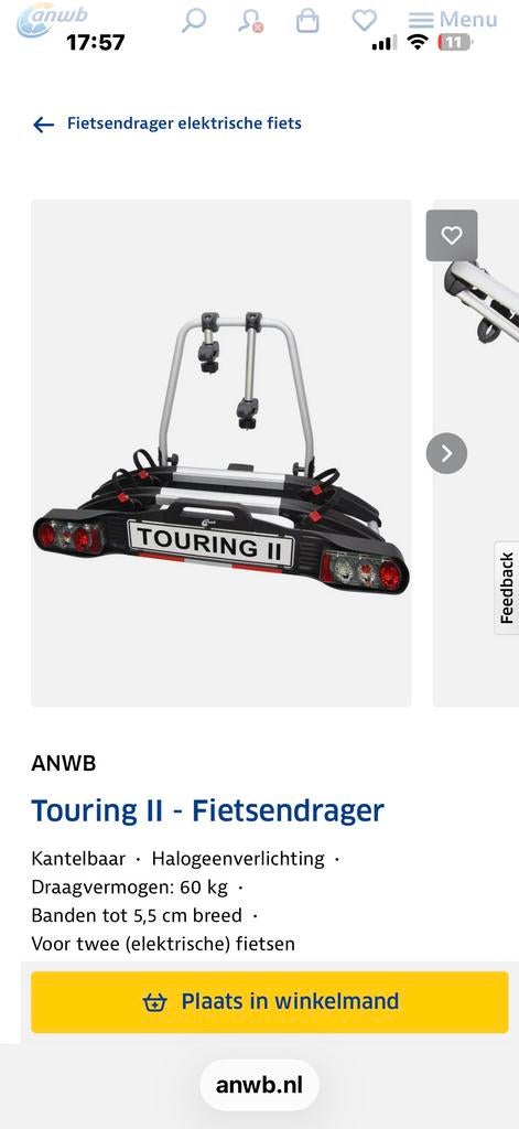 ANWB Fietsendrager Touring II - Geschikt voor E-bikes, Ophalen, Gebruikt, 2 fietsen, Trekhaakdrager