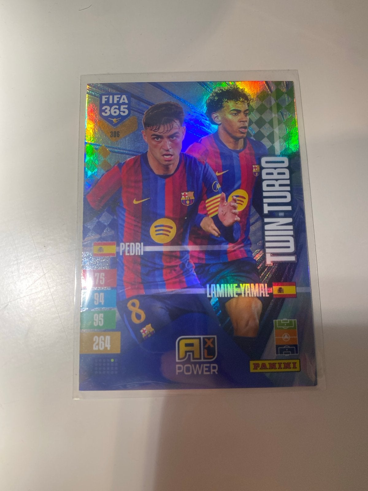 FIFA 365 Adrenalyn XL 2024 Twin Turbo Pedri Lamine Yamal, Ophalen of Verzenden, Zo goed als nieuw, Losse kaart, Foil