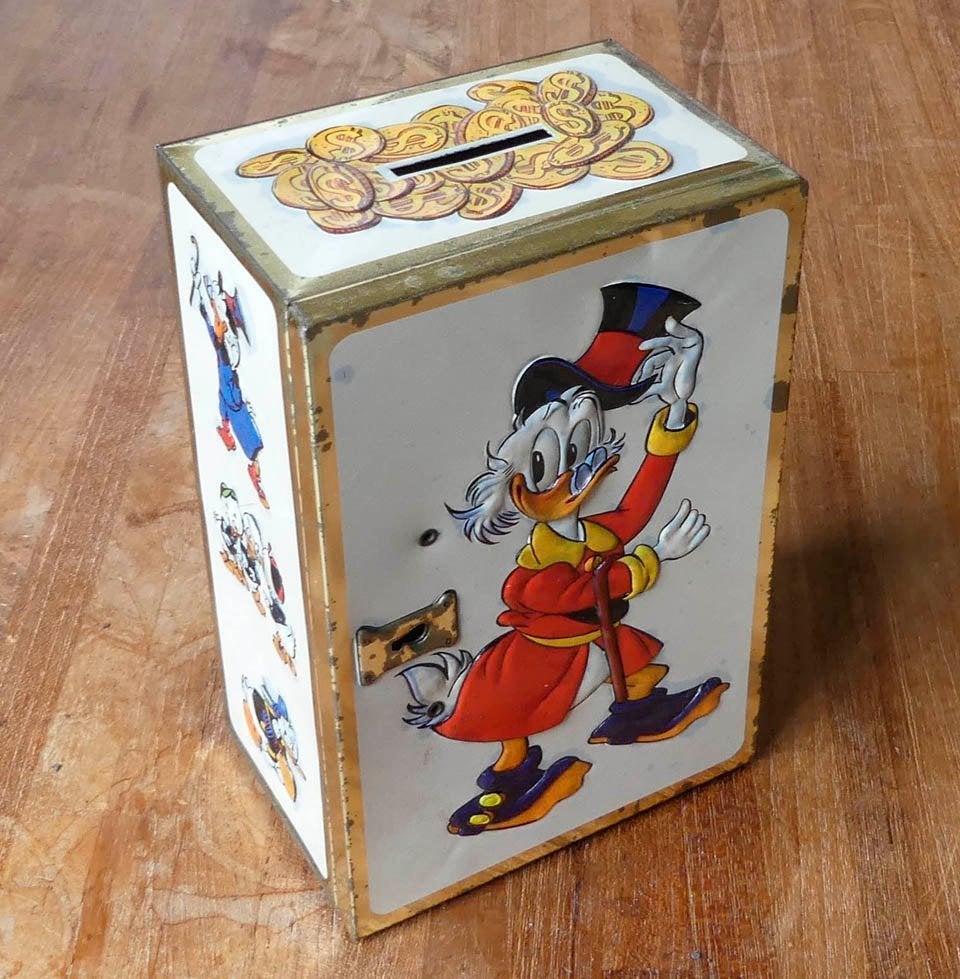 Dagobert Duck spaarpot vintage blik Royco Walt Disney, Verzamelen, Ophalen of Verzenden, Donald Duck, Gebruikt, Overige typen