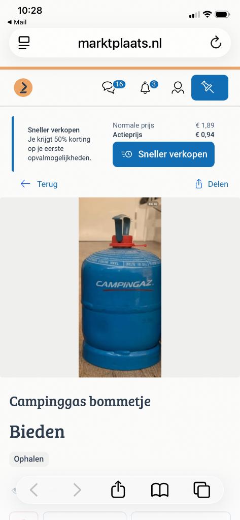 Campinggasbommetje type 901, Ophalen, Gebruikt
