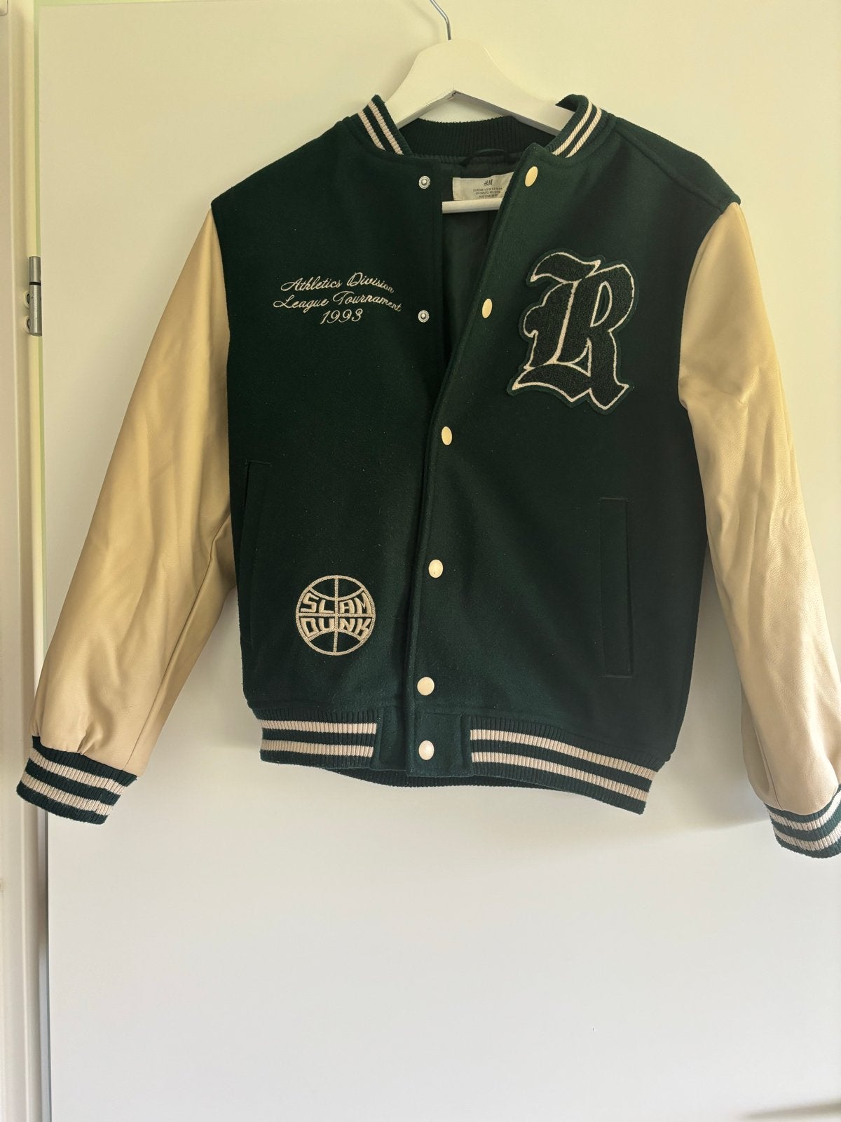 H&M baseball jasjr - Groen/Beige - Maat 146, Ophalen of Verzenden, Zo goed als nieuw, Maat 48/50 (M), Groen