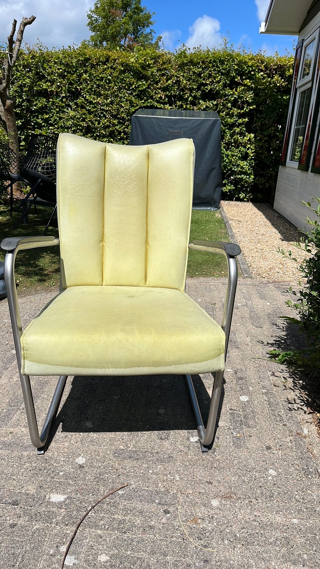 Lichtgroene leren stoel met buizenframe, Ophalen, Gebruikt, Overige kleuren, Leer