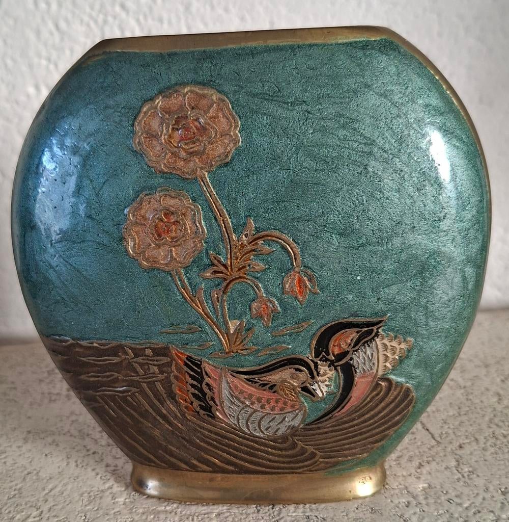 Jugendstil antiek bronzen, koper, messing bloemenvaasje, Antiek en Kunst, Ophalen of Verzenden