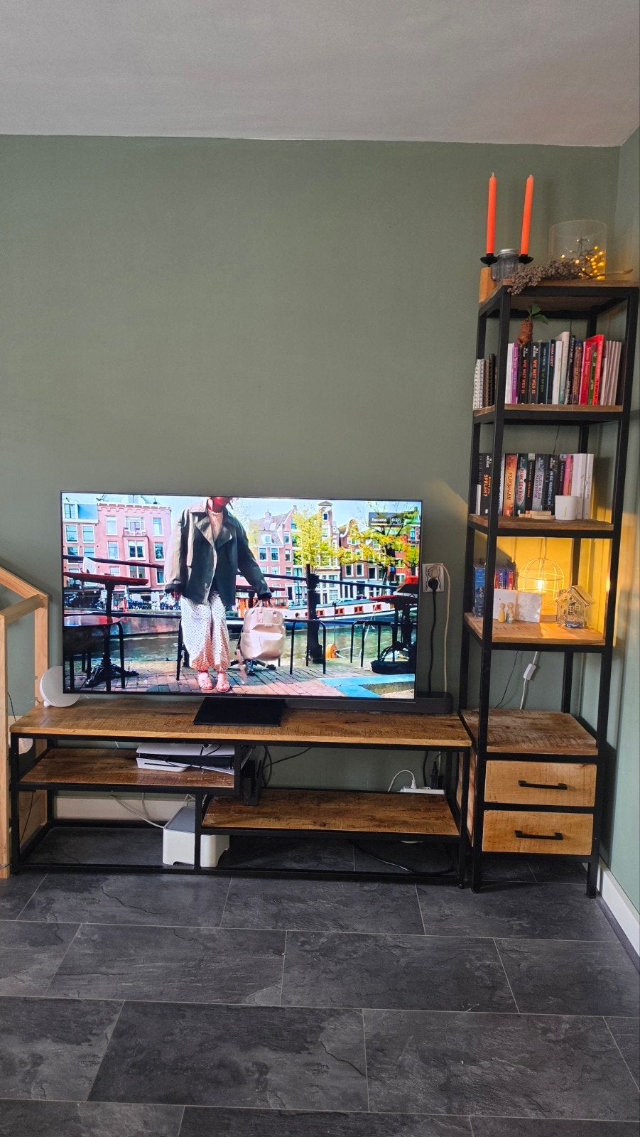 Industriële TV meubel en hoge kast set, 150 tot 200 cm, Zo goed als nieuw, 25 tot 50 cm, Ophalen