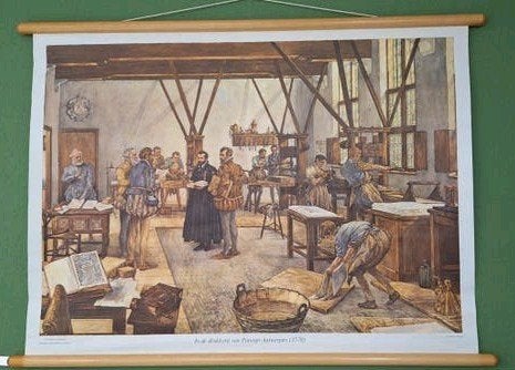 Historische schoolplaat: Drukkerij Plantijn Antwerpen (1570), Ophalen of Verzenden, Geschiedenis