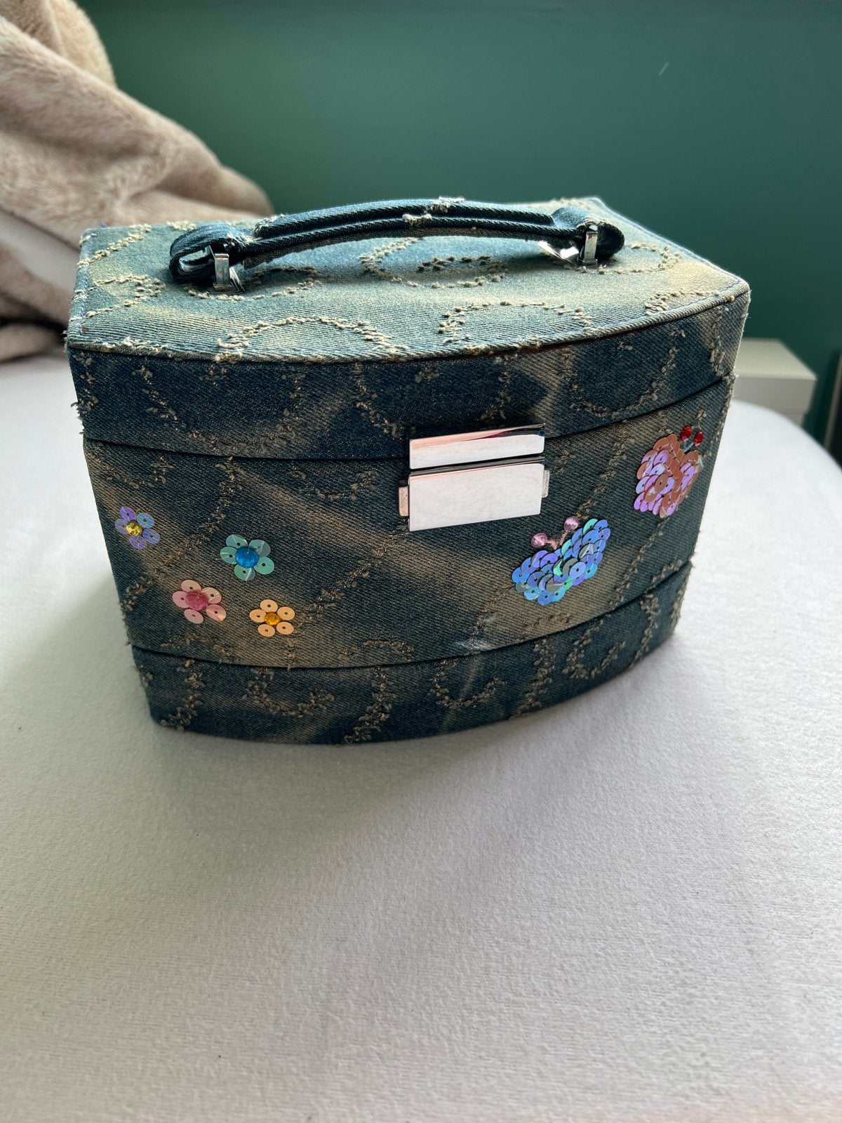 Vintage denim beautycase met spiegel, Gebruikt, Blauw, Ophalen of Verzenden, Met spiegeltje(s)