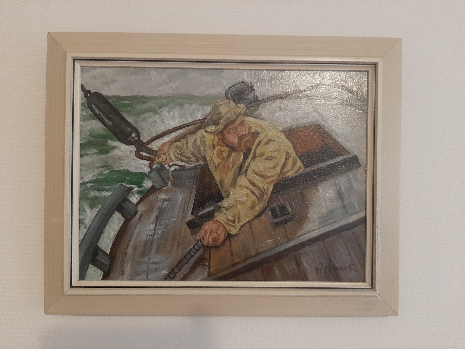 Schilderij visser in zijn boot op zee, Ophalen of Verzenden