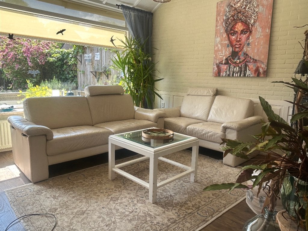 *** AANGEBODEN LEUK LEREN BANKSTEL ***, Huis en Inrichting, Banken | Bankstellen, Ophalen, Gebruikt, Tweepersoons, Rechte bank