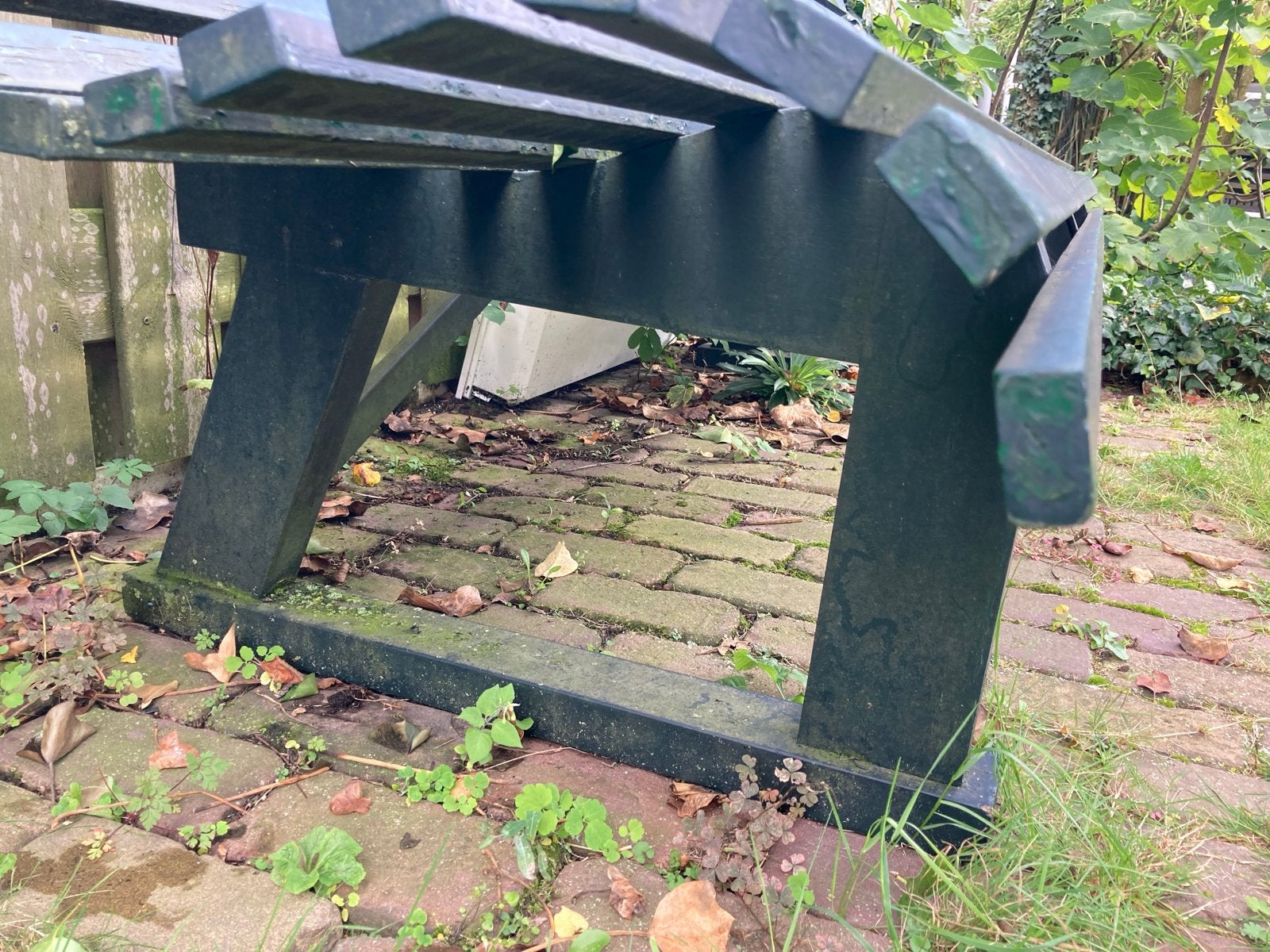 Groene robuuste tuinbank - Hout en metaal, Tuin en Terras, Ophalen, Gebruikt, Hout