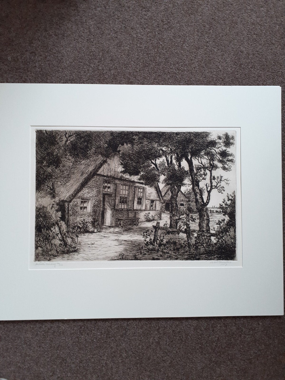 Originele ets van vd Woerdt - Boerderijlandschap, Met passe-partout, Ets, Ophalen of Verzenden, Landschap