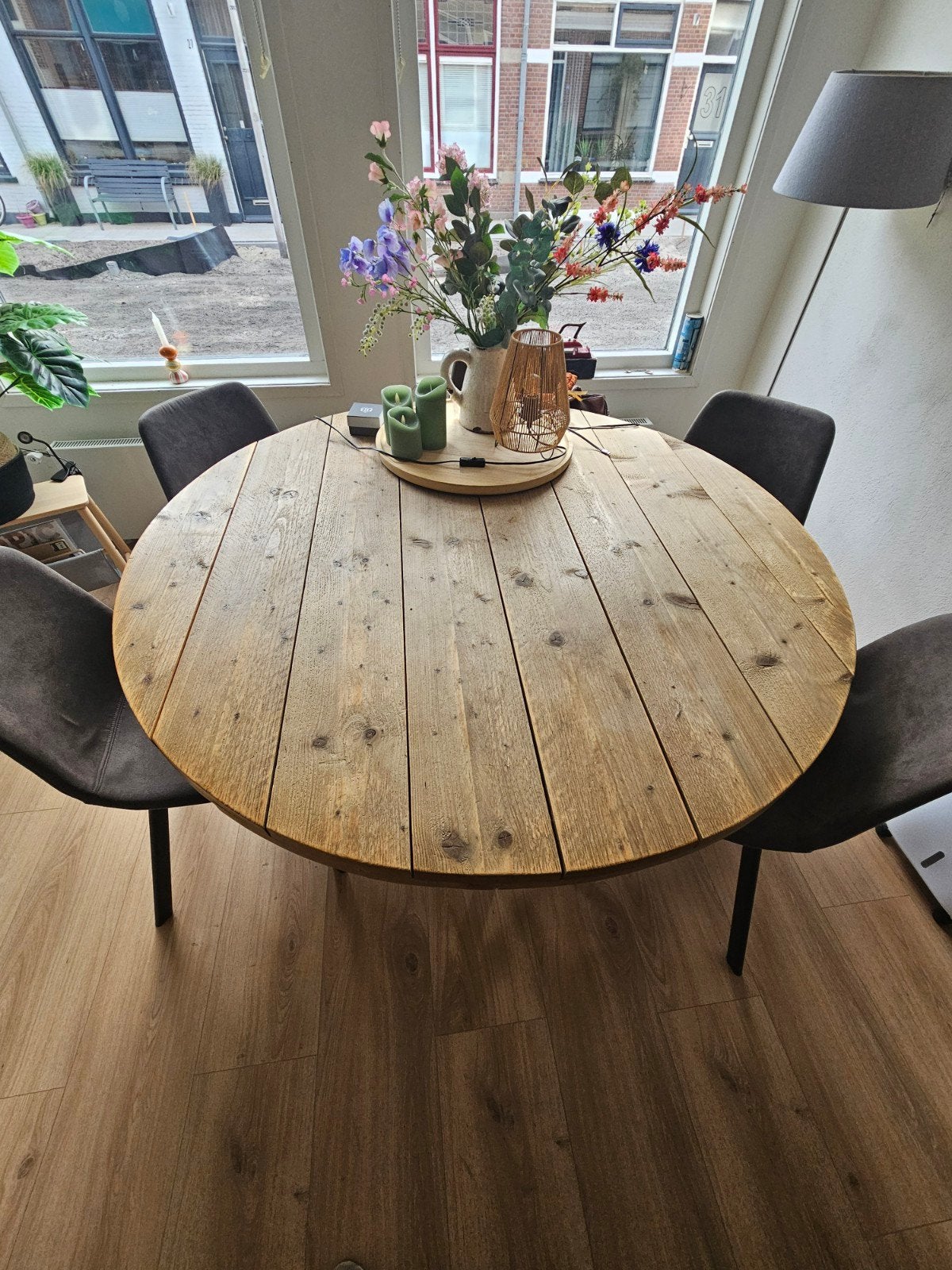 Eettafel rond 140cm steigerhout, onderstel steigerbuizen, Ophalen, Rond, 100 tot 150 cm, 100 tot 150 cm