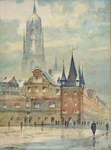 De prachtige markt van Frankfurt (in 1930), Impressionistisch, Ophalen of Verzenden, Aquarel, Achter glas