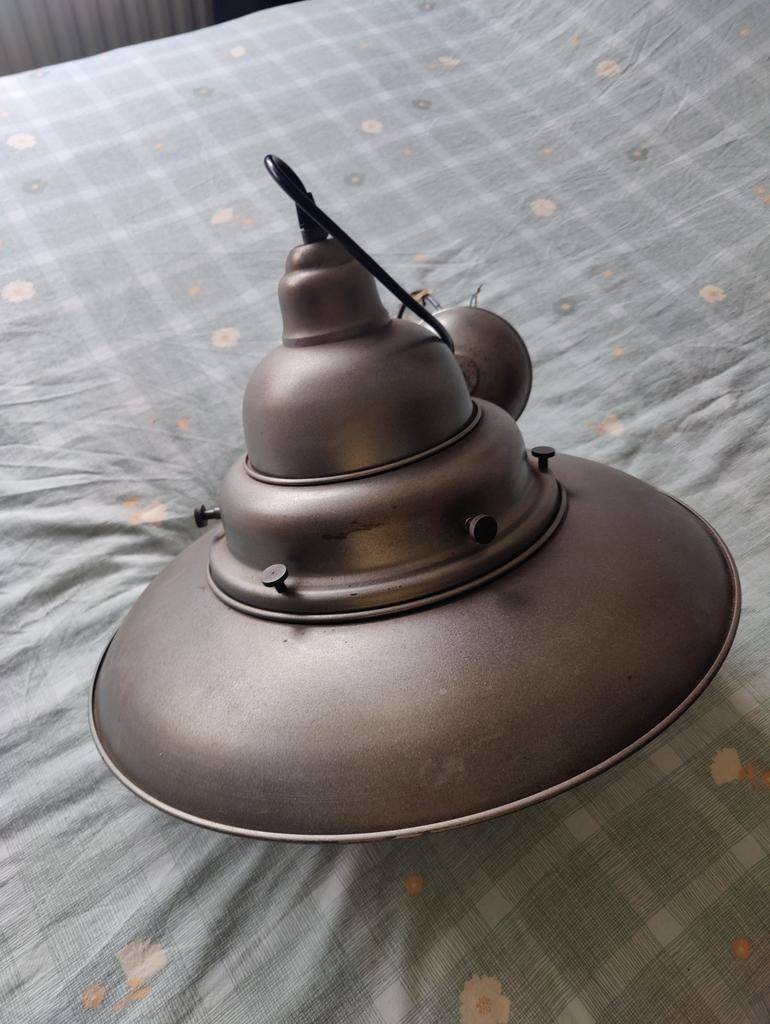 Grote metalen hanglamp met metalen kap, Ophalen, Gebruikt, Glas, Industrieel, Vintage