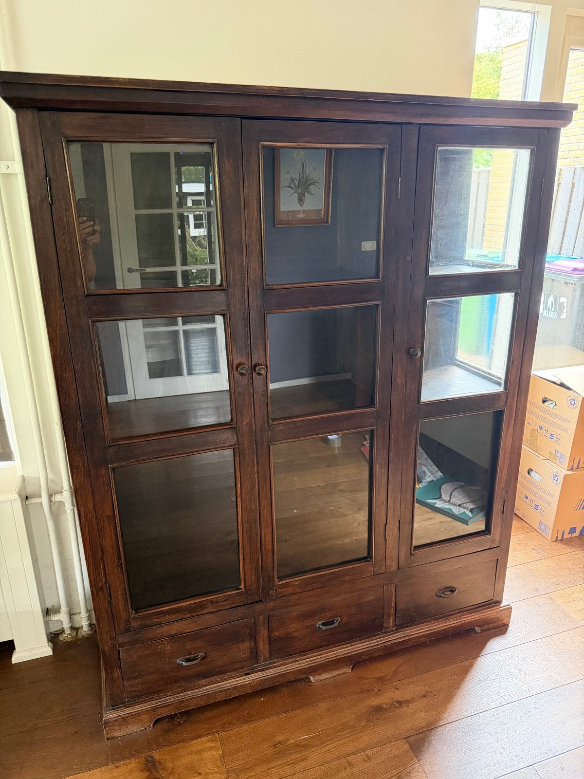 Mooie houten vintage Aftrikaanse vitrinekast, Ophalen, Gebruikt, 100 tot 150 cm, 150 tot 200 cm