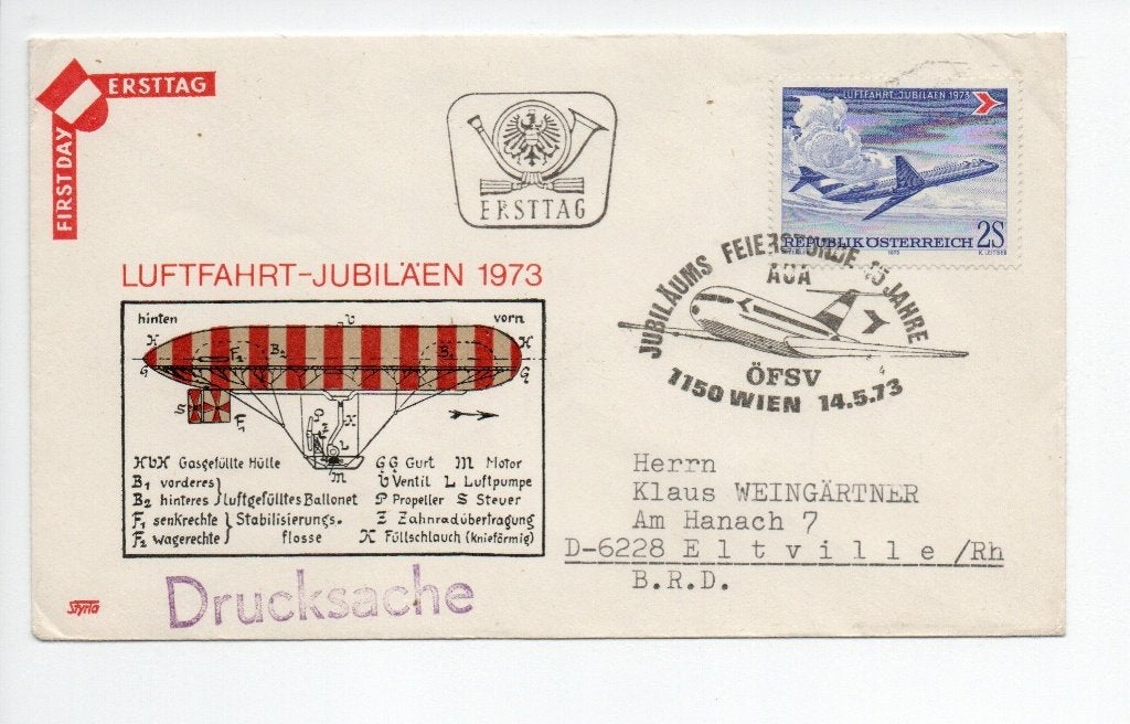 Oostenrijk FDC. Luchtvaart Jubileum 1973. Mi. 1413, Postzegels en Munten, Ophalen of Verzenden, Beschreven, Europa