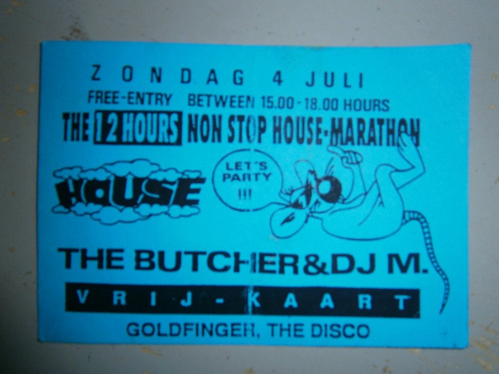 THE BUTCHER & DJ M. Vrij-kaart. Goldfinger Zondag 4 Juli '93, Ophalen, Gebruikt, A4 of kleiner, Rechthoekig Liggend