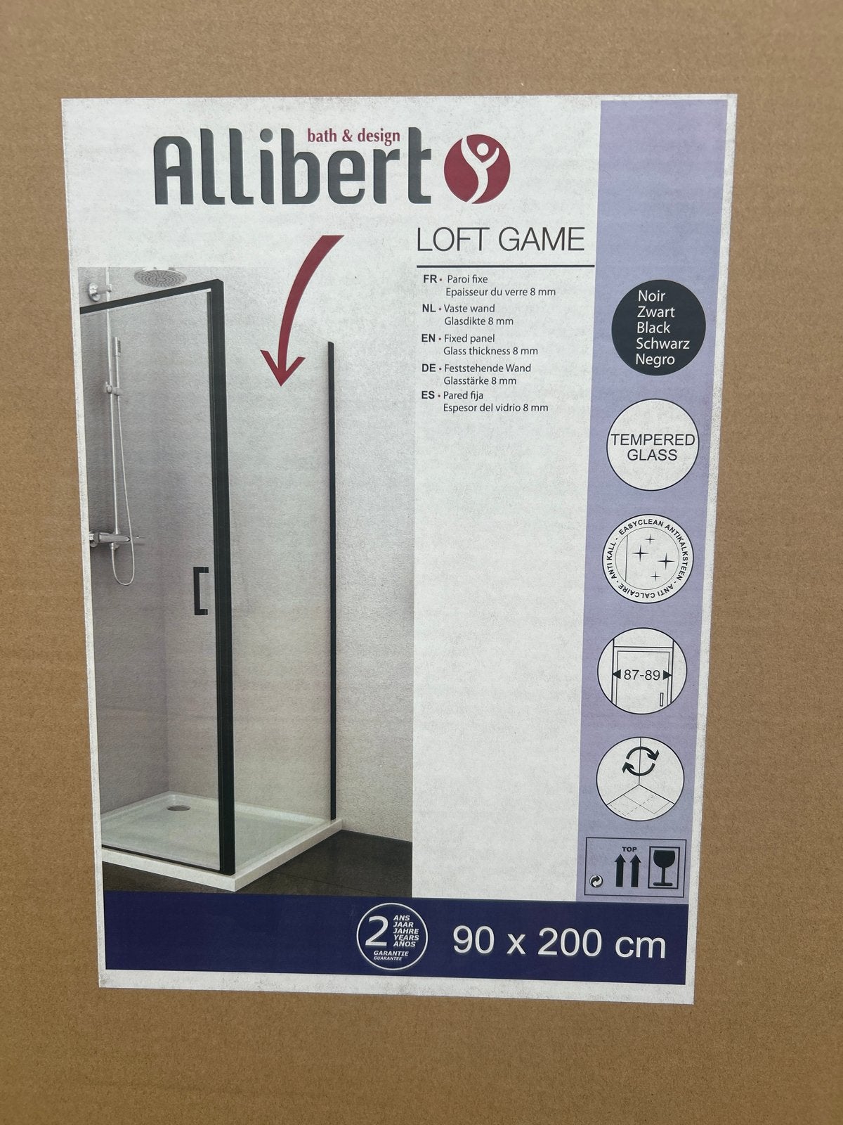 Allibert Loft Game Douchewand 90x200 cm Zwart, Ophalen, Nieuw, Glas, Douche