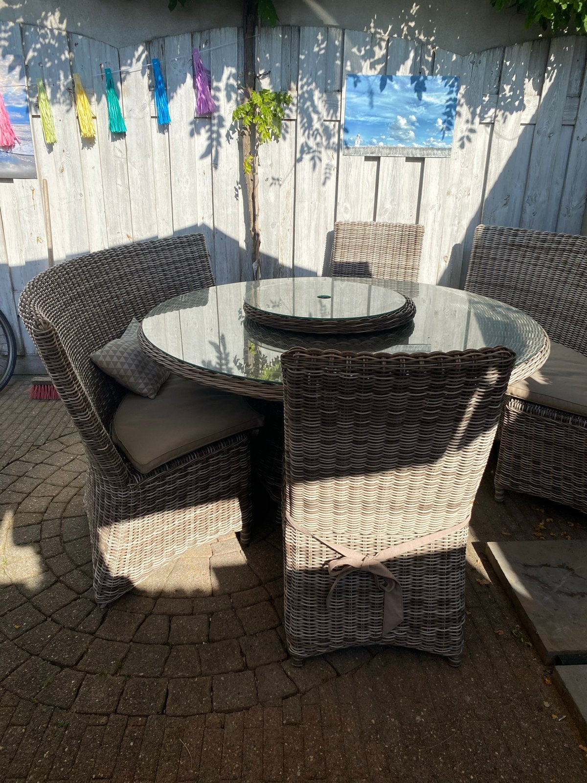 Wicker tuinset met ronde tafel (150cm) en draaiplateau, Ophalen, Gebruikt, Eettafel, Wicker