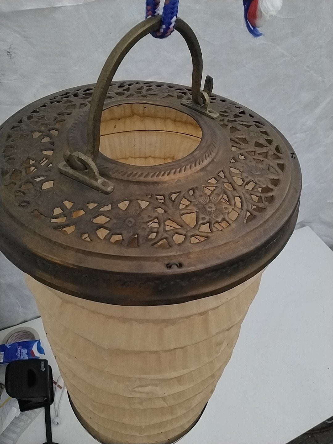 Vintage koperen/ papieren oosterse lantaarn met metalen fram, Ophalen of Verzenden