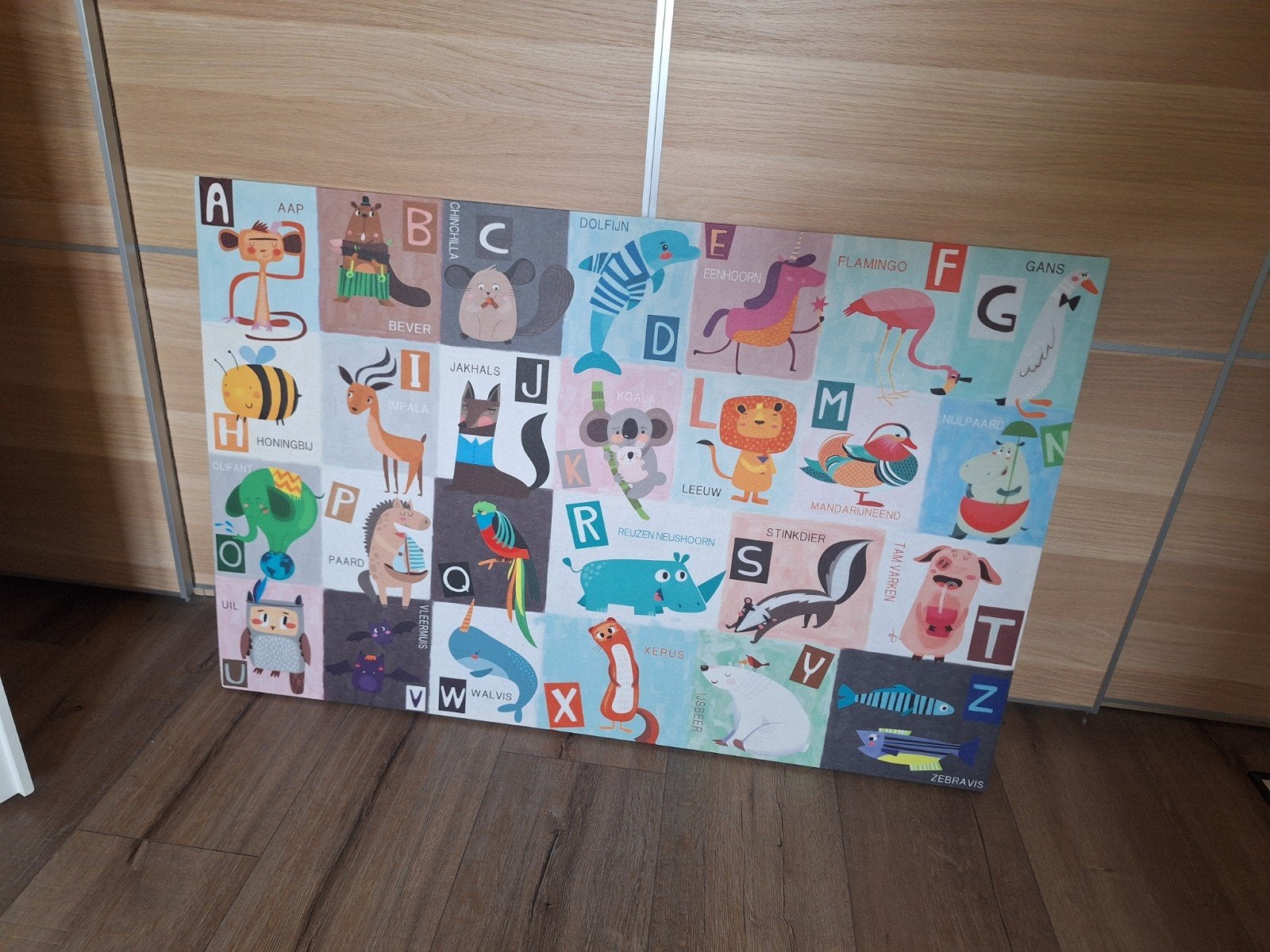 Groot canvas met alfabet en grappige dieren, Ophalen, Zo goed als nieuw, Wanddecoratie, Ophangbaar