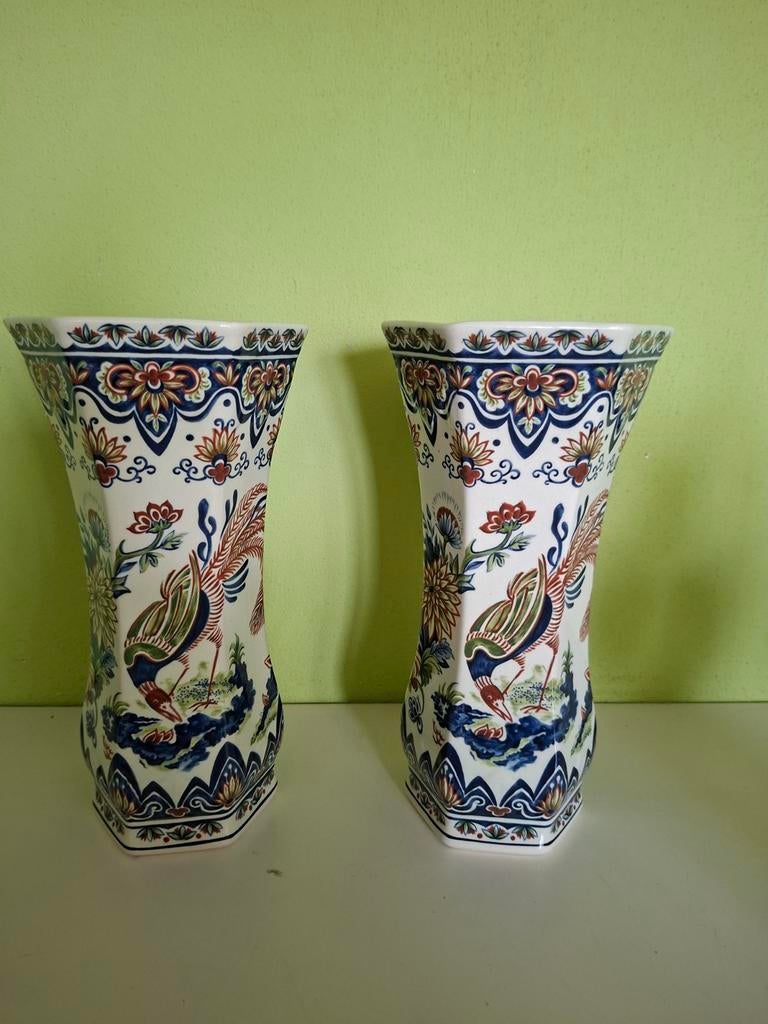 2 Delfts Blauw Vieuw Rhodes Boch  vazen met vogeldecor, Ophalen of Verzenden