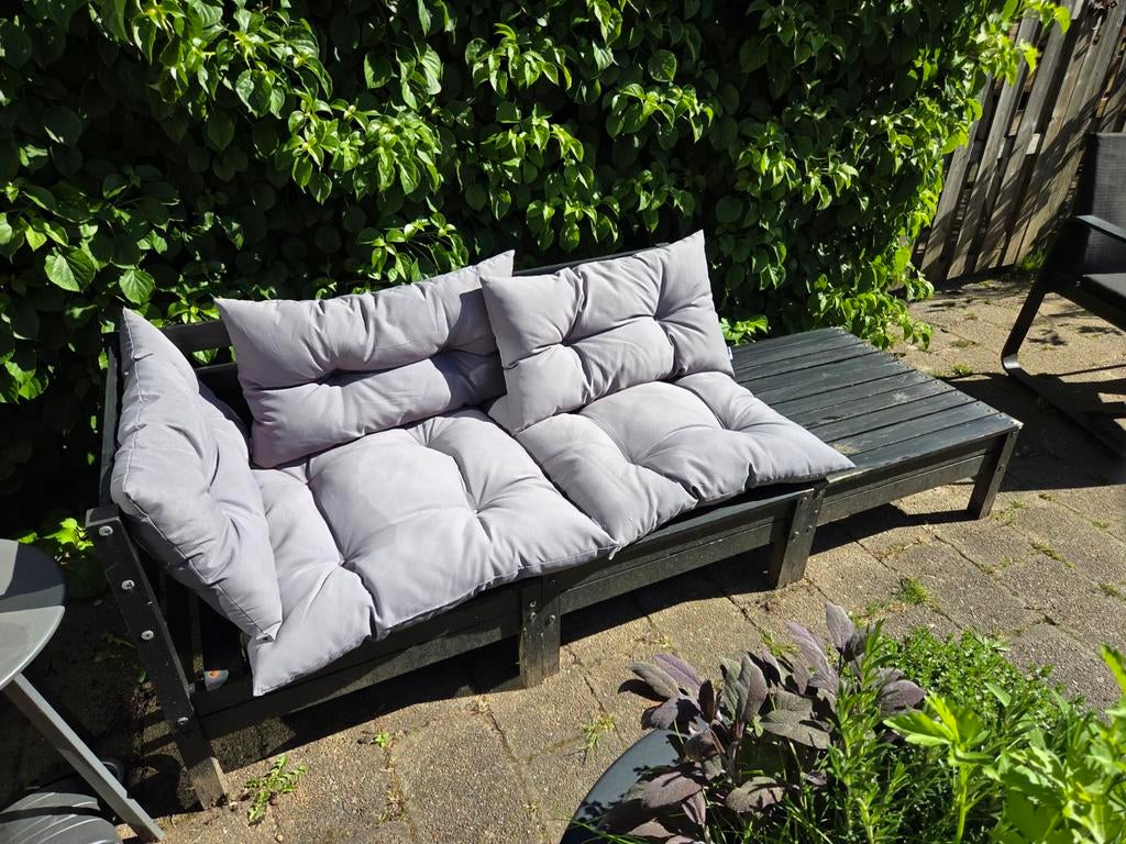 Gratis opknapper, grenen tuinbankje met kussens, Tuin en Terras, Ophalen, Gebruikt, Hout