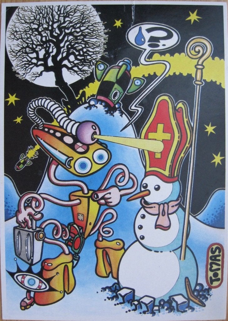 Boomerang - Sinterklaas als sneeuwpop met UFO, Verzamelen, Ansichtkaarten | Themakaarten, Verzenden, 1980 tot heden, Ongelopen