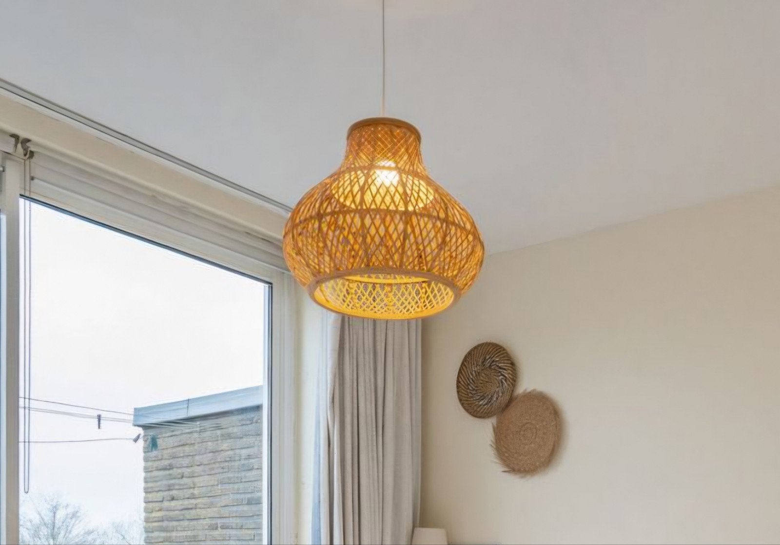Bamboe rotan hanglamp, Ophalen, Boho, Scandinavisch, Natuurlijk, Zo goed als nieuw, Overige materialen