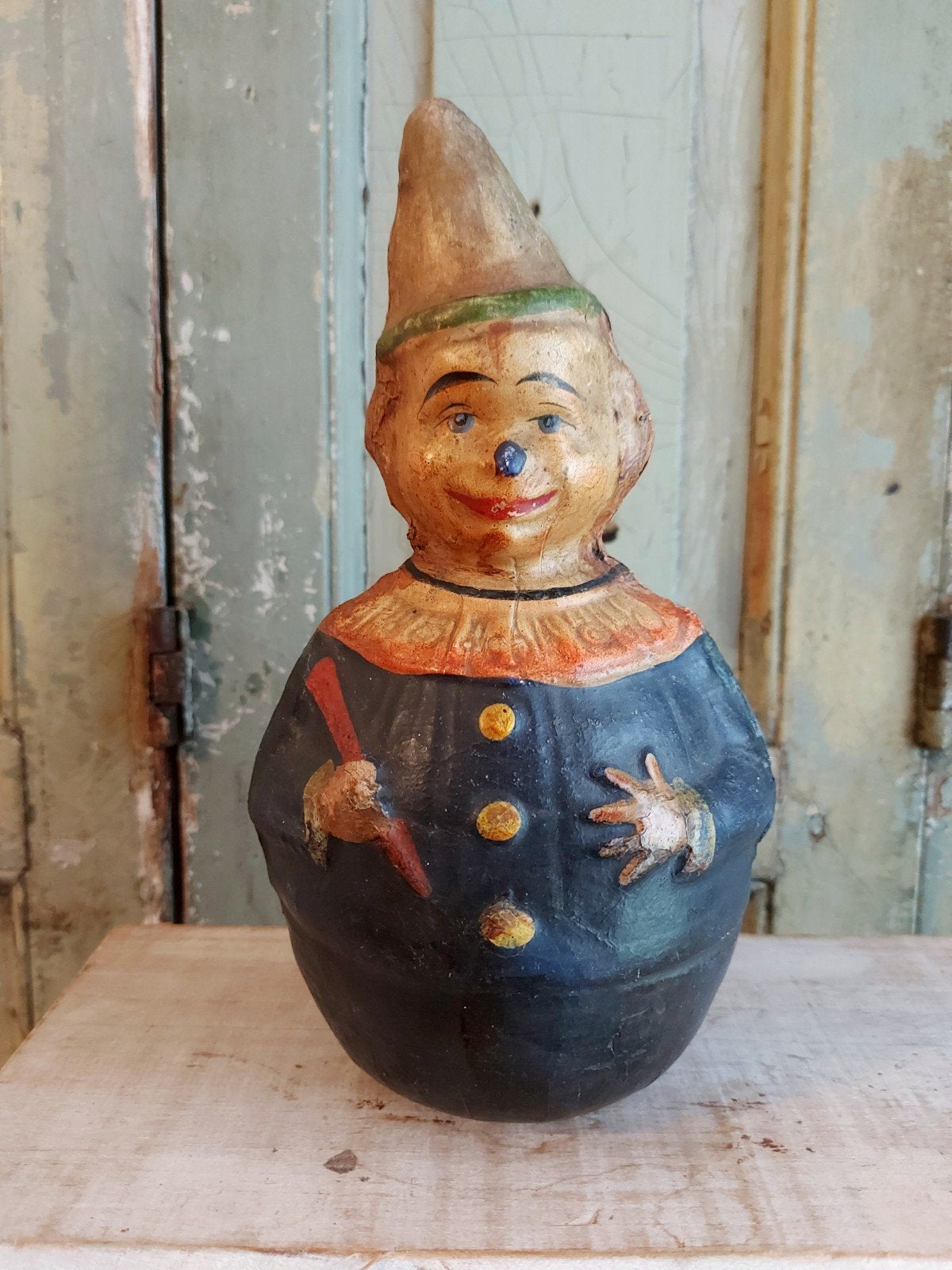 Antieke roly poly clown,papier-mache speelgoed circus, Antiek en Kunst, Ophalen of Verzenden