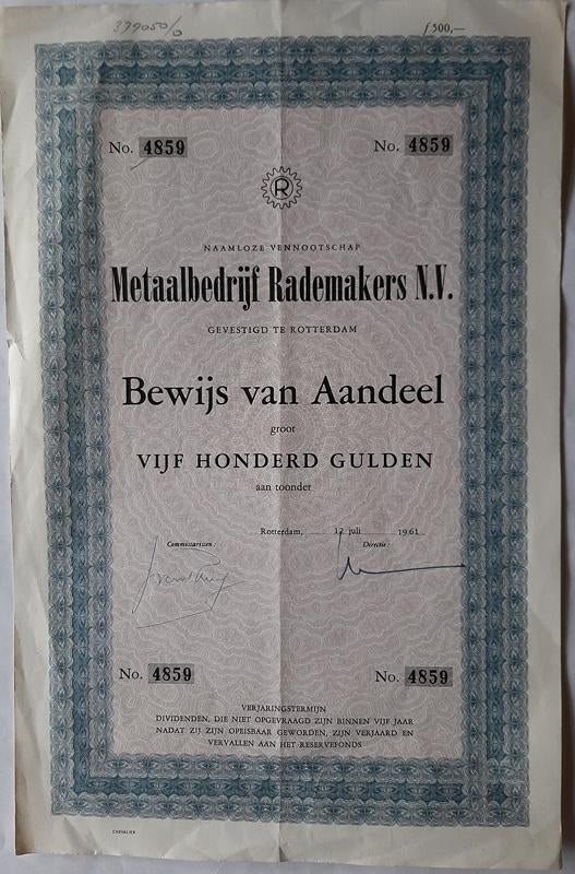 Metaalbedrijf Rademakers, Rotterdam  500 gulden 1961, Verzenden, 1950 tot 1970, Aandeel