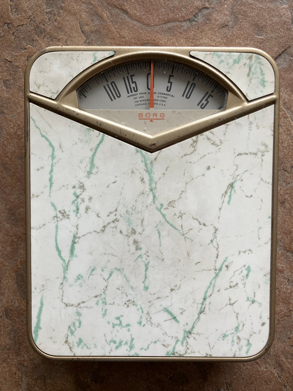 Vintage Borg Personenweegschaal - Marmerlook, Gebruikt, Analoog, 100 kg of meer, Ophalen of Verzenden
