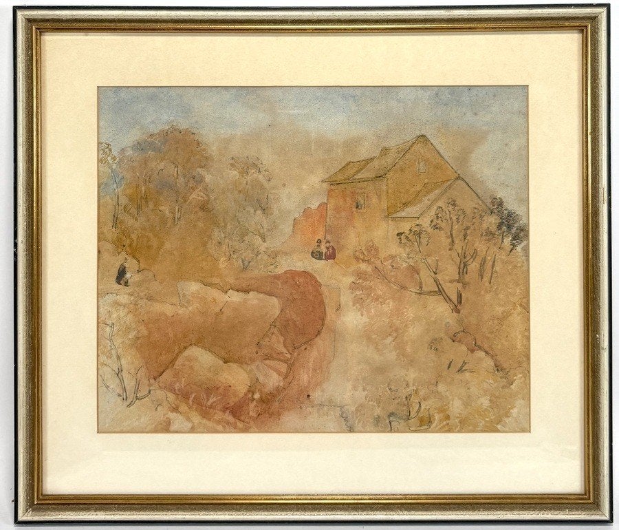 1062. Aquarel – landelijk huis met figuren, 20e eeuw, Antiek en Kunst, Landschap, Aquarel, Papier/karton, Ophalen of Verzenden