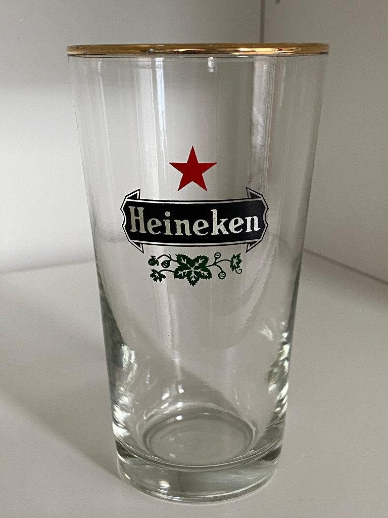 Bierglas Heineken met gouden rand jaren 70, Ophalen, Gebruikt, Glas of Glazen, Heineken